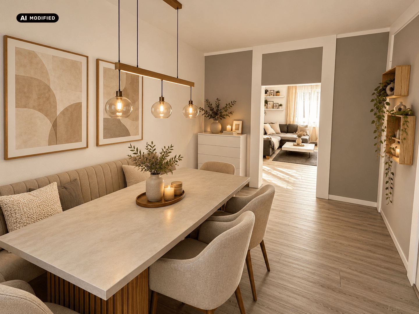 Heller Essbereich mit modernem Esstisch und Zugang zu einem gemütlichen Wohnzimmer im Hintergrund.