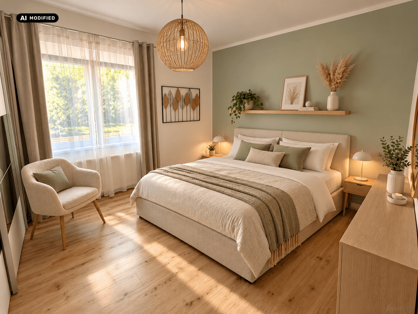 Helles Schlafzimmer mit Holzboden, bequemen Möbeln und einem Fenster mit Blick ins Grüne.