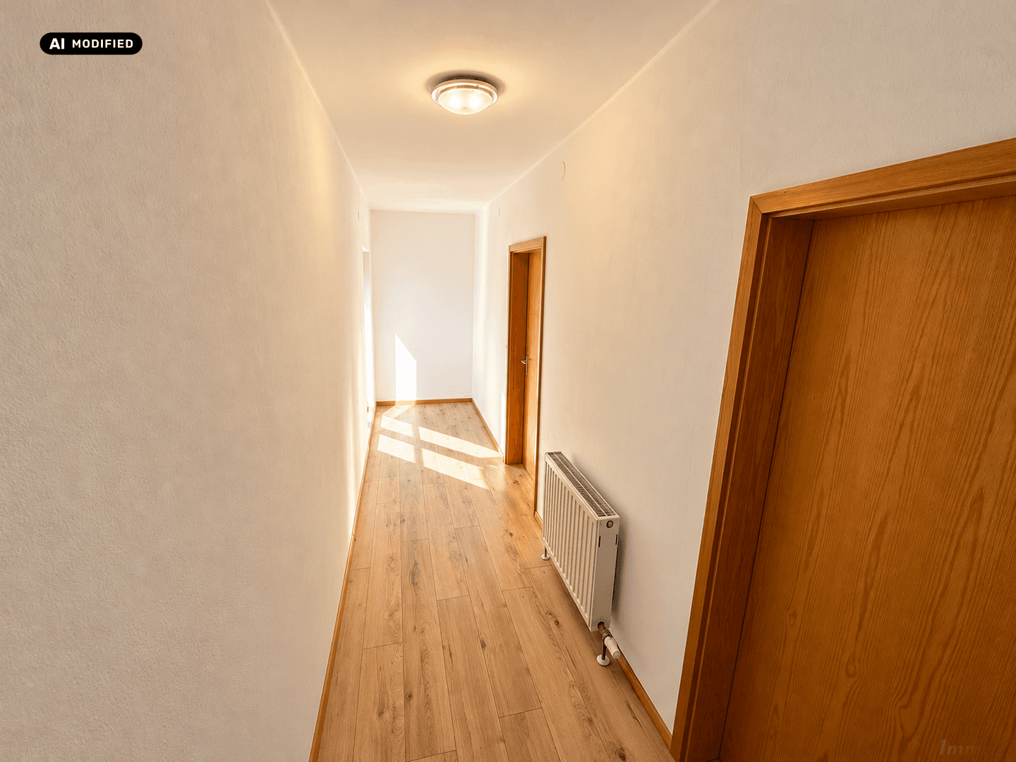 Heller Flur mit Holzboden und weißen Wänden, der zu weiteren Räumen im Haus führt.