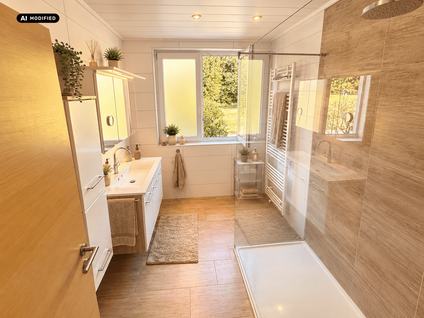 Modernes Badezimmer mit großer begehbarer Dusche, Doppelwaschbecken und Fenster zum Garten.
