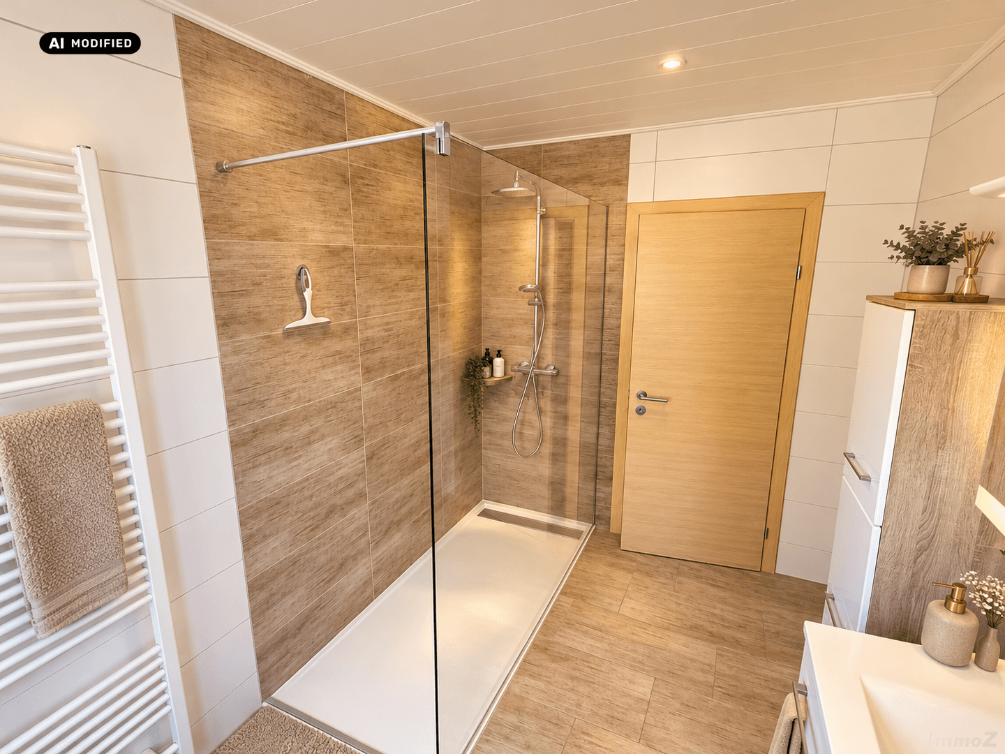 Geräumiges Badezimmer mit begehbarer Dusche, modernen Fliesen und einem beheizten Handtuchhalter.