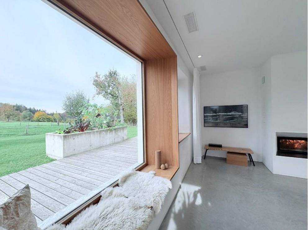 Lichtdurchfluteter Wohnbereich mit Kamin, großem Fenster und Blick ins Grüne.
