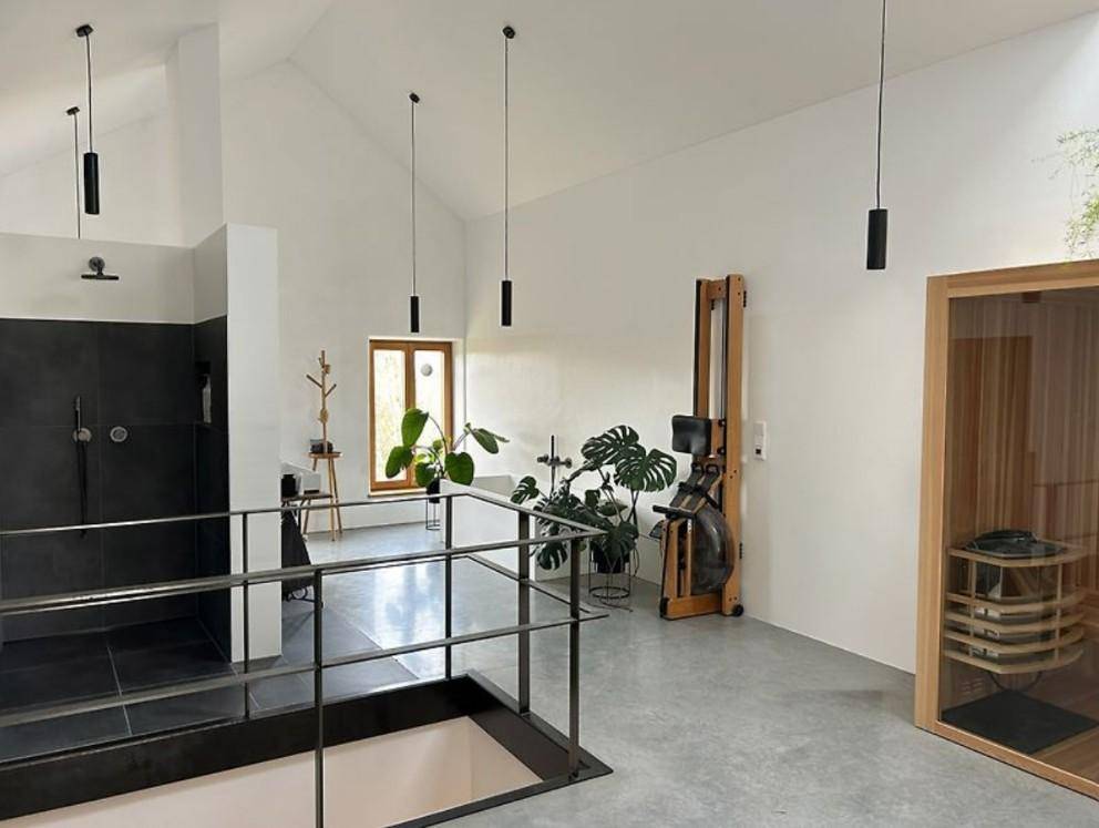 Heller Wellnessbereich mit Rudergerät, Pflanzen und einer modernen Sauna.