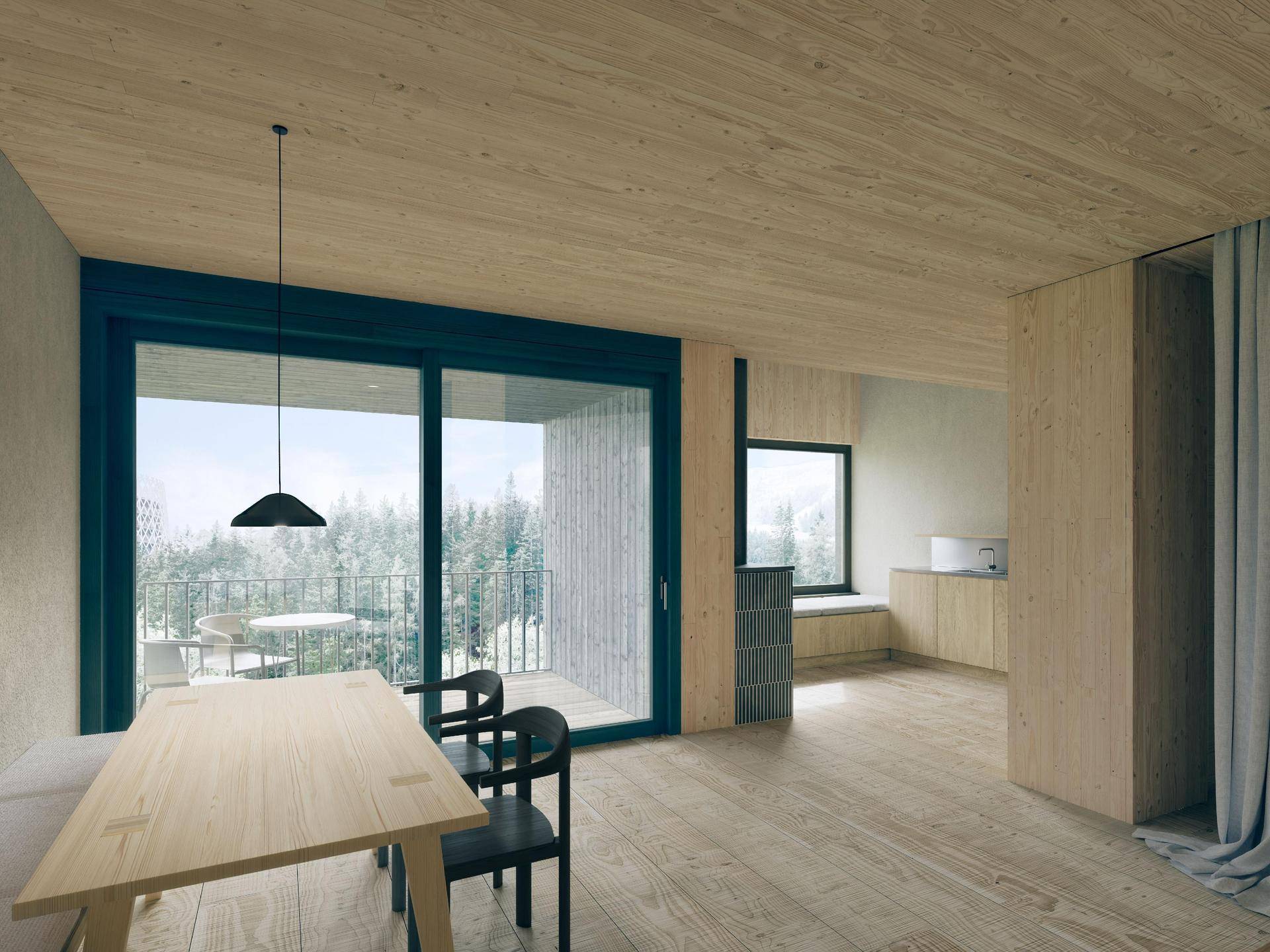 Heller Essbereich mit Holztisch, modernen Stühlen und großem Schiebefenster zum Balkon.