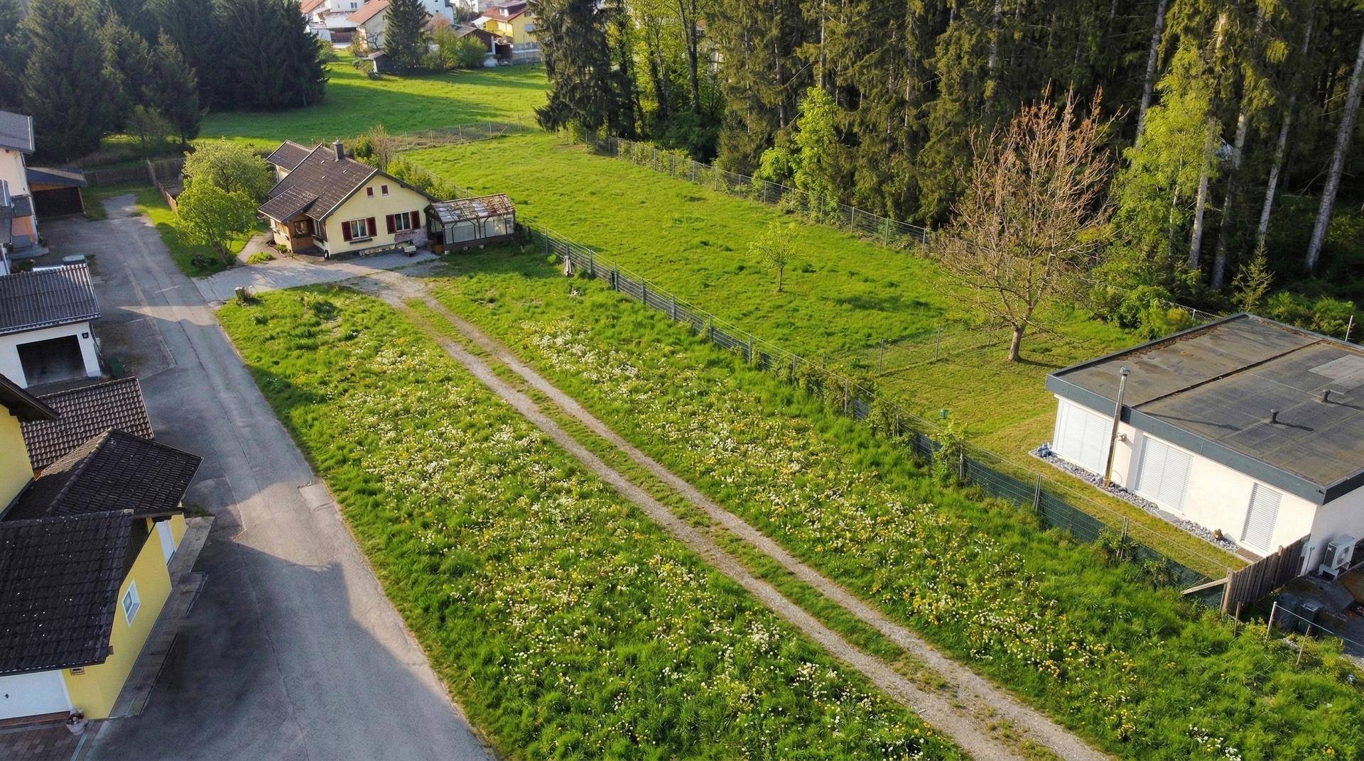 Luftaufnahme eines Grundstücks mit Wiese und Zufahrtsweg, umgeben von Wohnhäusern und Wald.