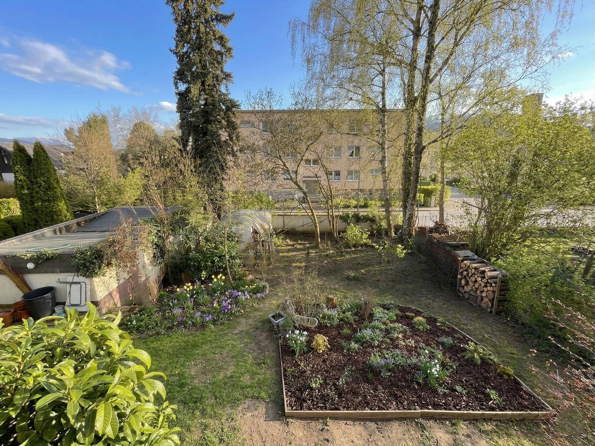 Blick von oben auf den Gartenbereich mit Schuppen, Holzstapel und umliegender Natur.