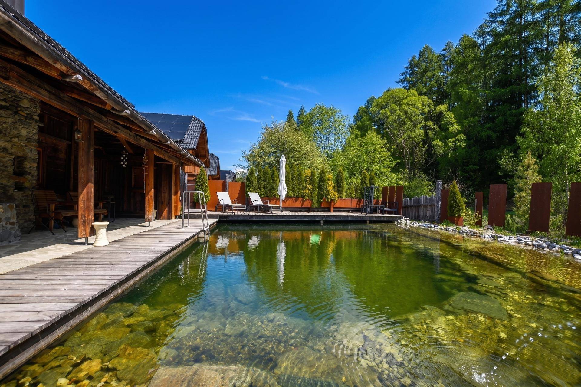 Natürlicher Schwimmteich mit Holzdeck, Liegestühlen und üppiger Bepflanzung im Gartenbereich.