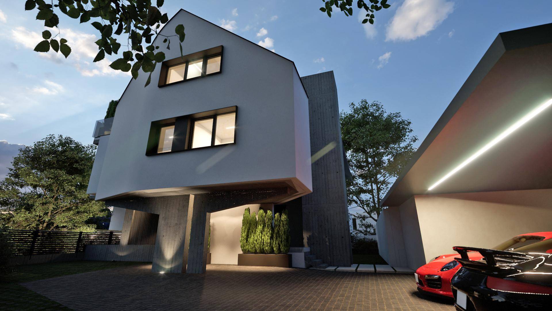 Modernes Einfamilienhaus mit markanter Architektur, großen Fenstern und integriertem Carport.
