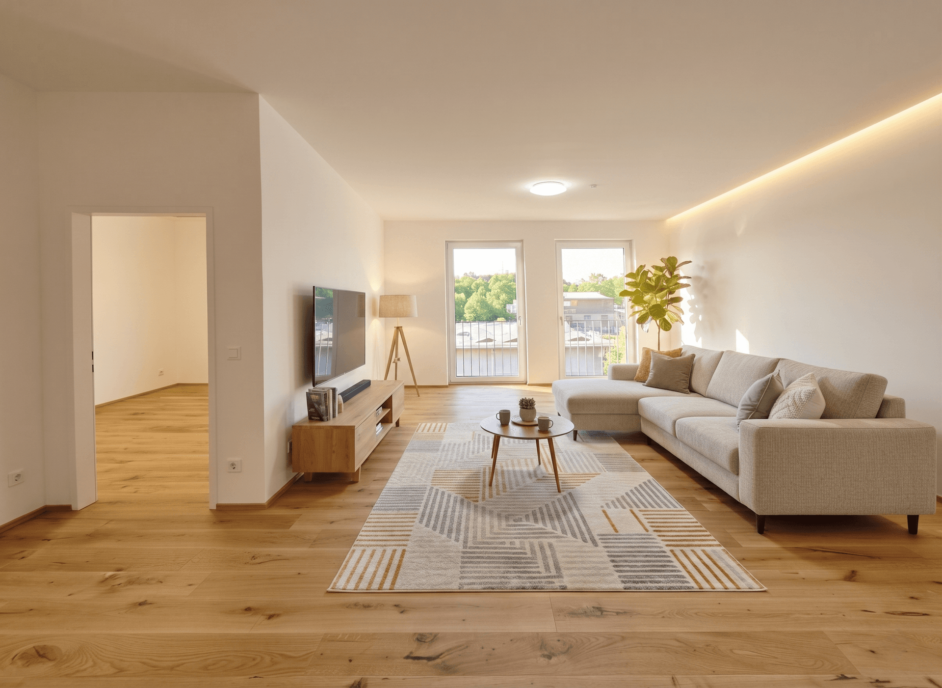 Helles, modern eingerichtetes Wohnzimmer mit Holzboden, bequemer Couch und Zugang zu einem Balkon.