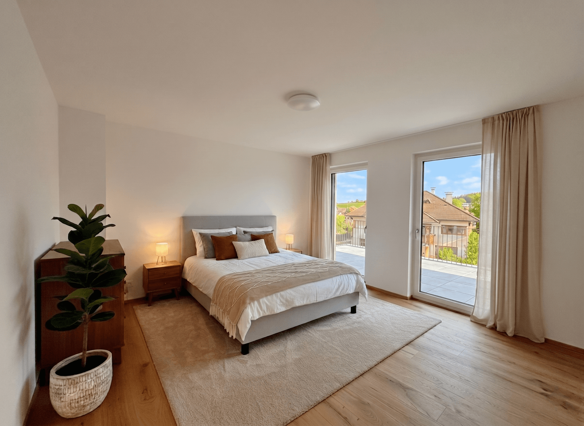 Helles Schlafzimmer mit Doppelbett, Holzboden und direktem Zugang zu einer großzügigen Außenterrasse.