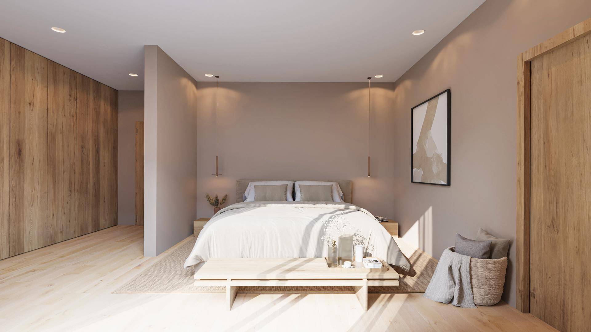 Modernes Schlafzimmer mit Holzwänden, minimalistischer Einrichtung und indirekter Beleuchtung für eine ruhige Atmosphäre.