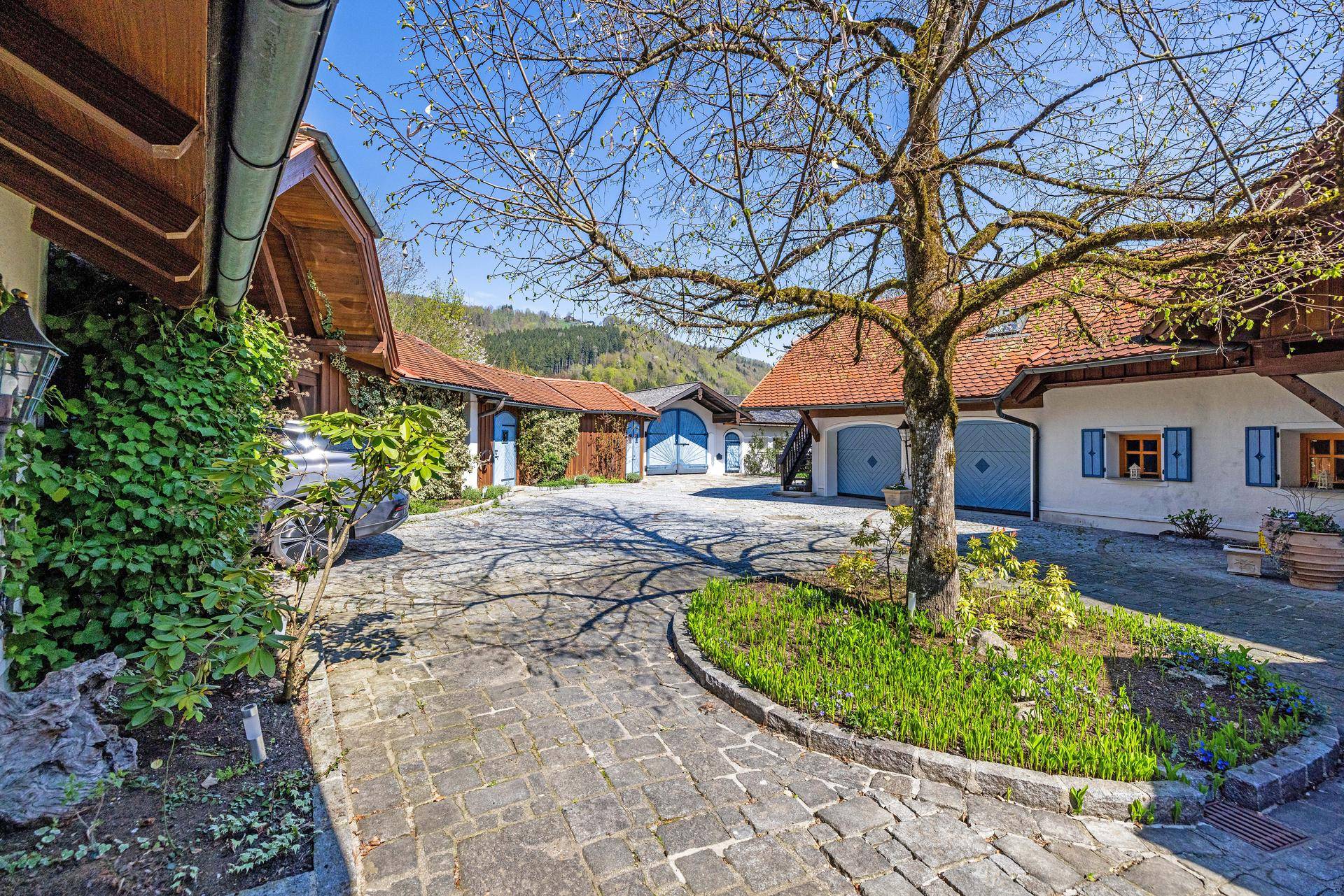 Gepflasterter Hofbereich mit altem Baum und traditionellen Gebäuden in ländlicher Umgebung.