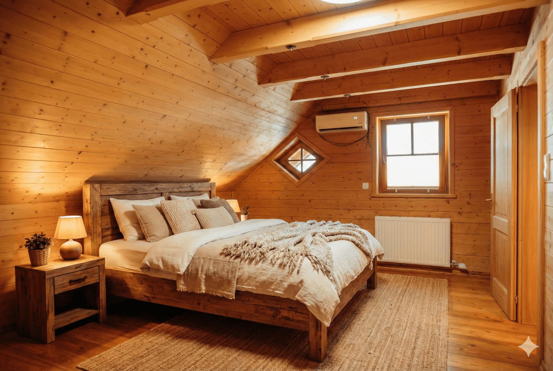 Rustikales Schlafzimmer mit Holzwänden und -decke, großem Bett und einem Fenster unter der Dachschräge.