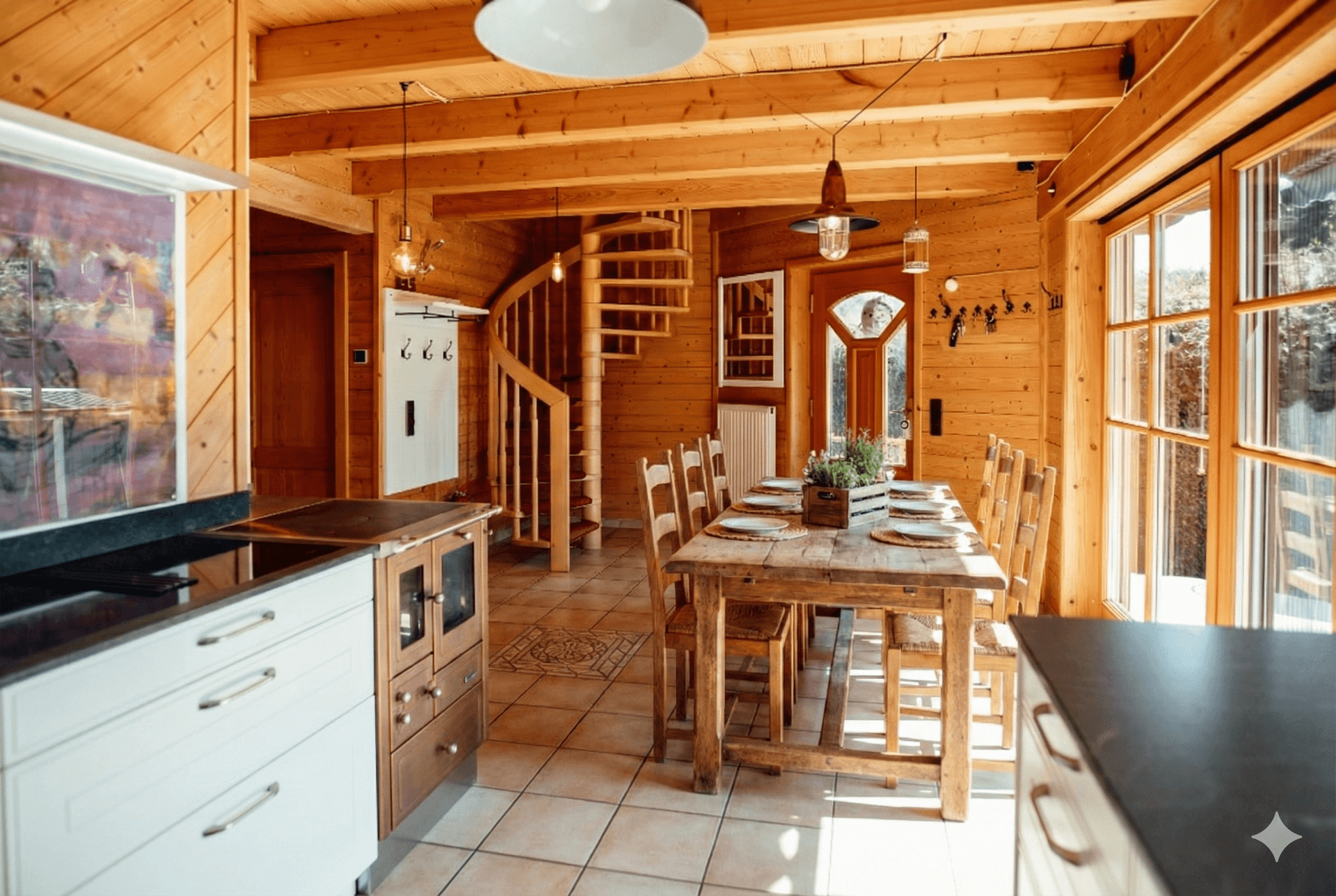 Offene Küche mit Essbereich, Holzvertäfelung, Fliesenboden und einer eleganten Wendeltreppe.