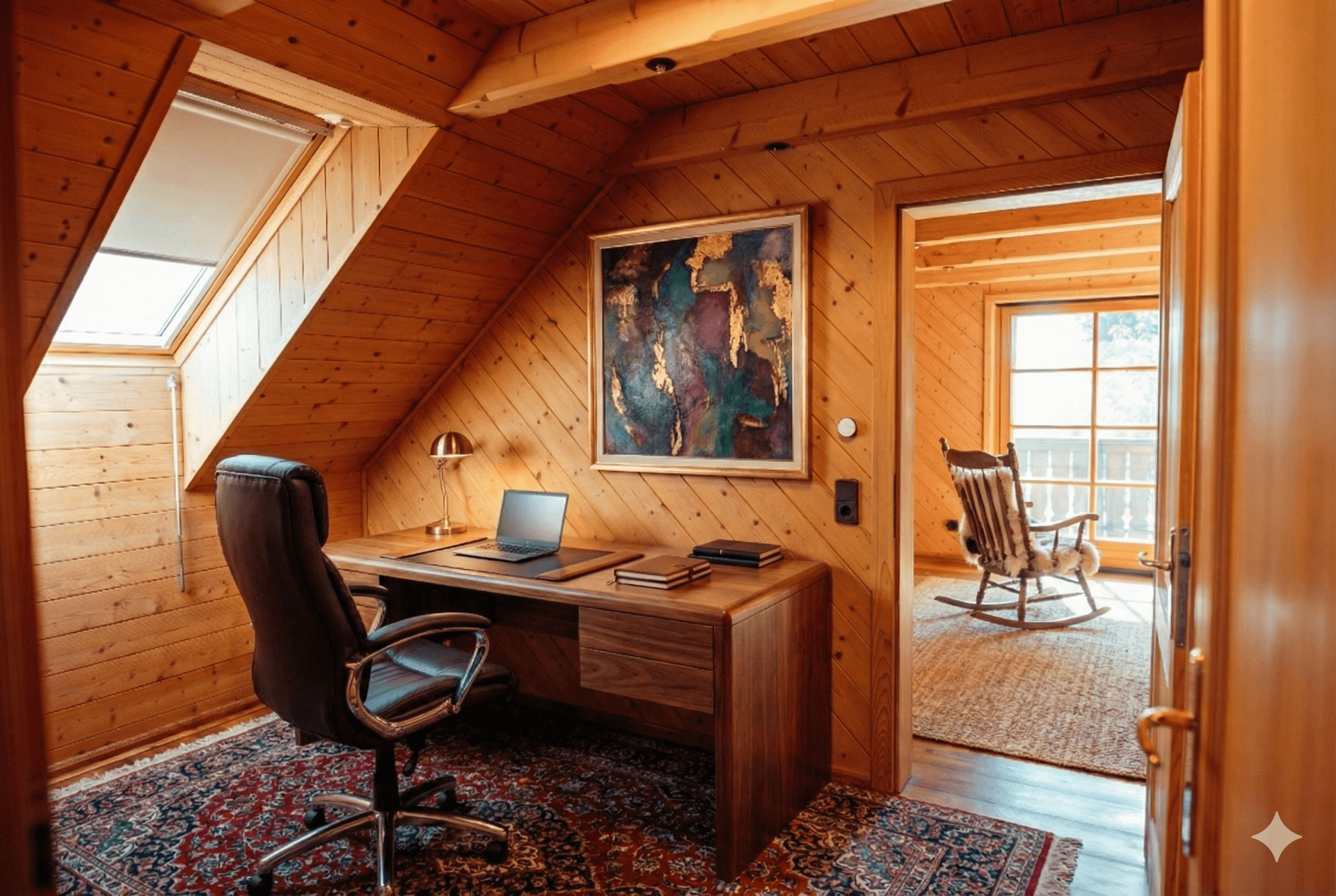 Helles Arbeitszimmer mit Holzvertäfelung, großem Schreibtisch und Blick in einen weiteren gemütlichen Raum.