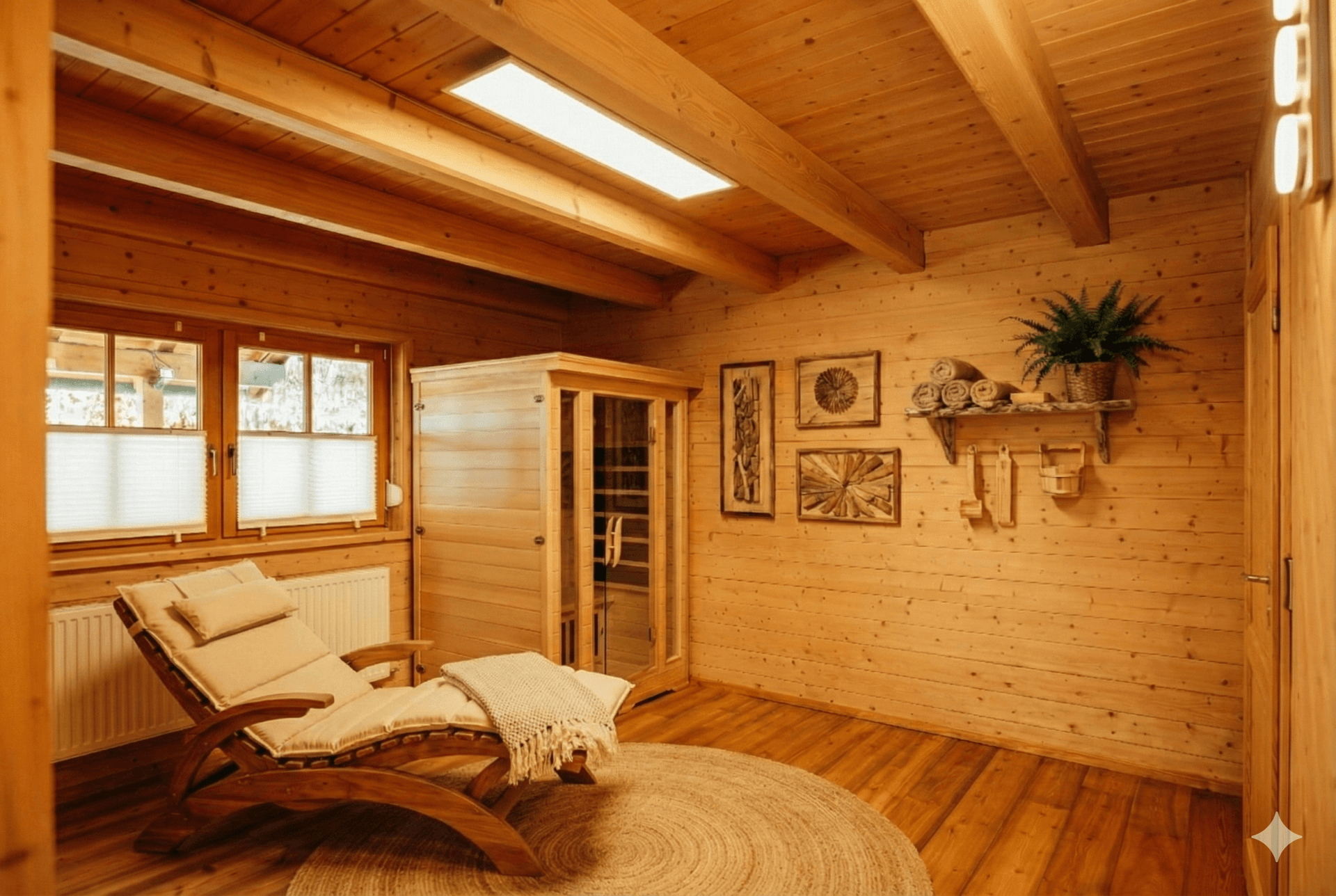 Entspannender Wellnessbereich mit Holzvertäfelung, Infrarotsauna und bequemer Liege für Erholung.