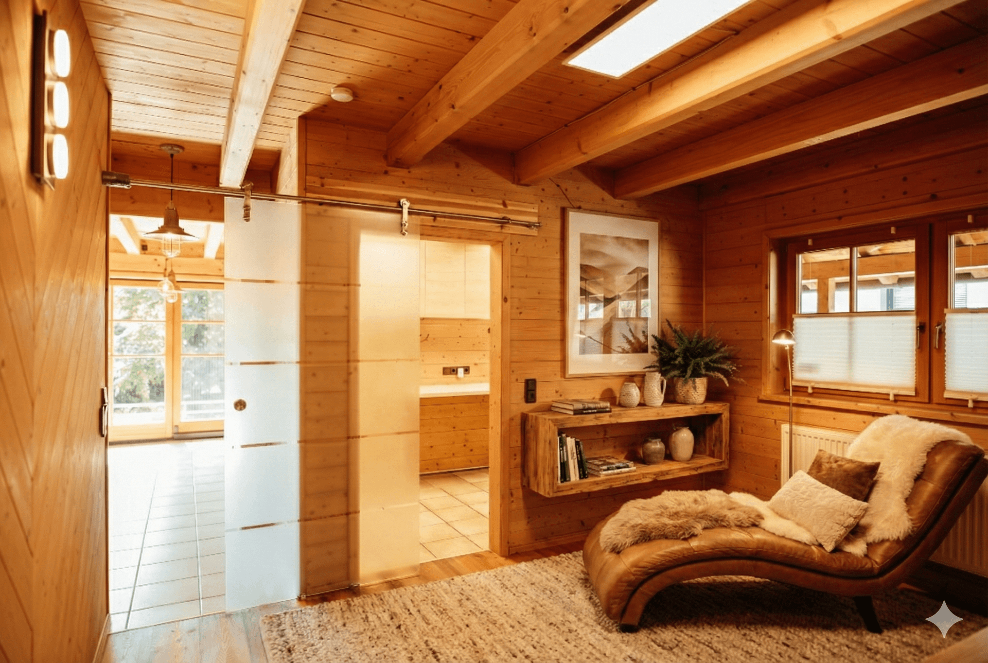 Gemütlicher Wohnbereich mit Holzvertäfelung, bequemer Chaiselongue und einer modernen Glasschiebetür.