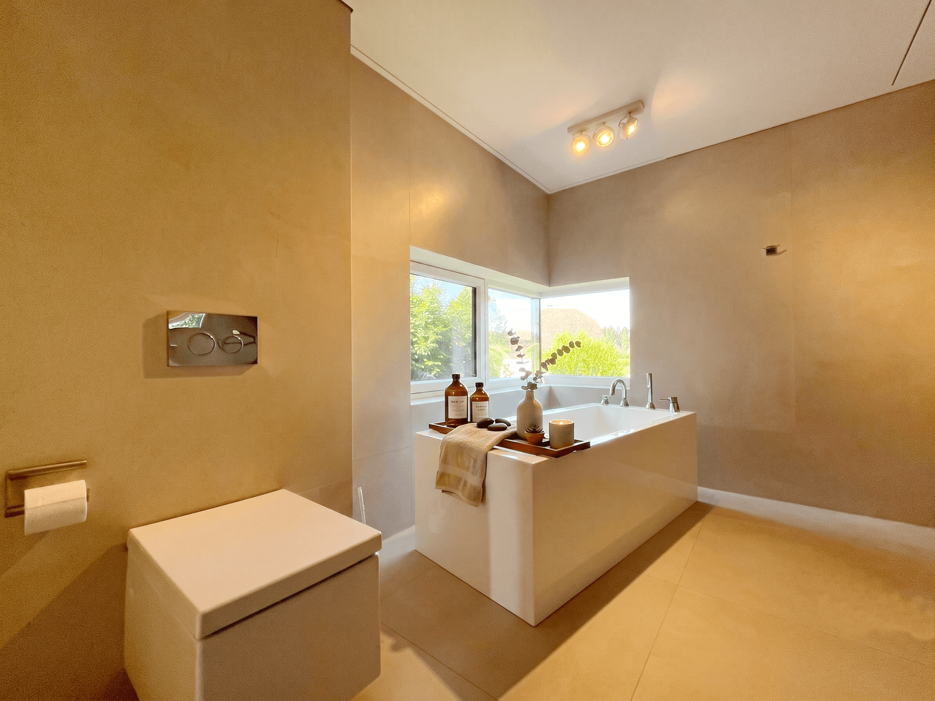 Modernes Badezimmer mit freistehender Badewanne, Wand-WC und einem Fenster für natürliches Licht.