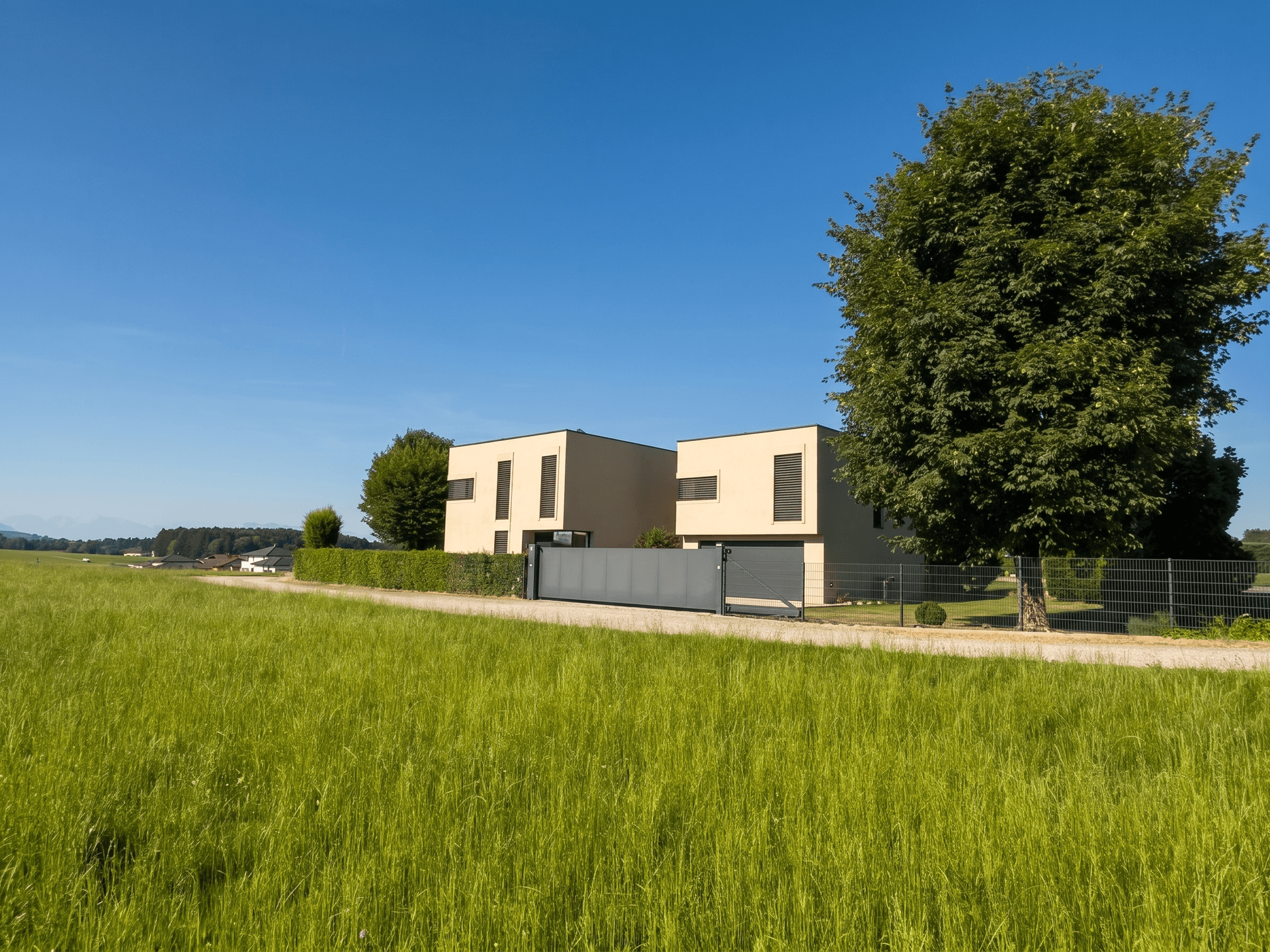 Modernes Wohnhaus mit minimalistischer Architektur, umgeben von weiten Feldern und einem Eingangstor.
