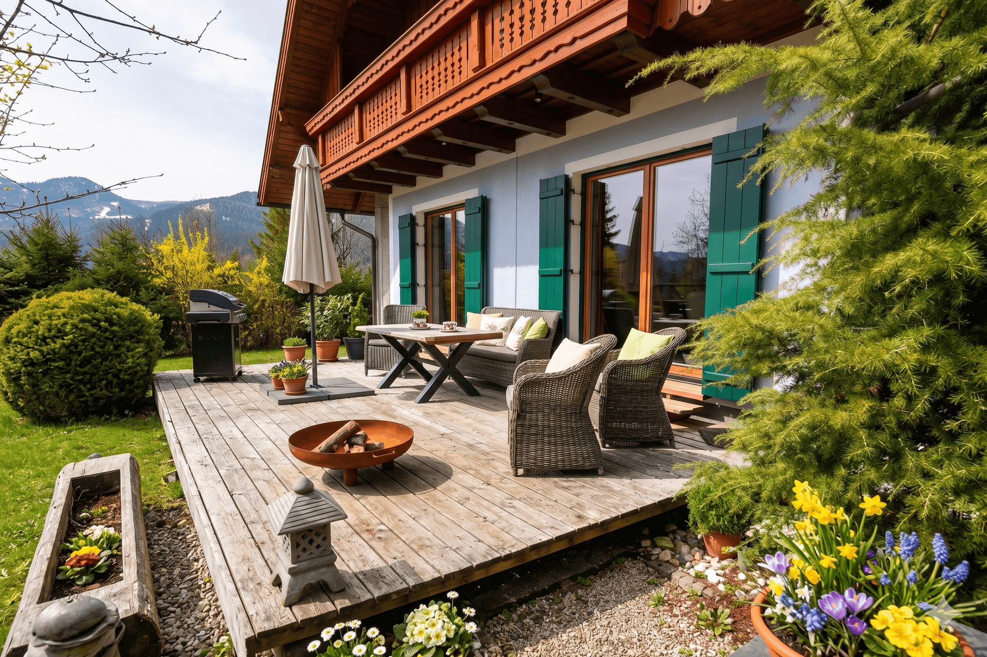 Geräumige Holzterrasse mit Essbereich, Grill und Blick auf die Berge und den Garten.