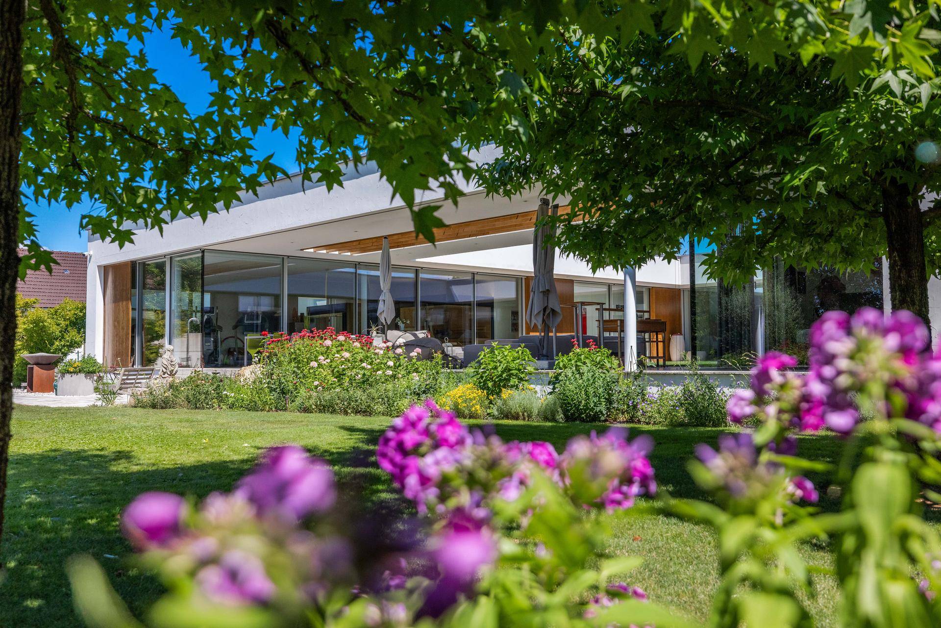 Modernes Haus umgeben von einem blühenden Garten und schattenspendenden Bäumen an einem sonnigen Tag.