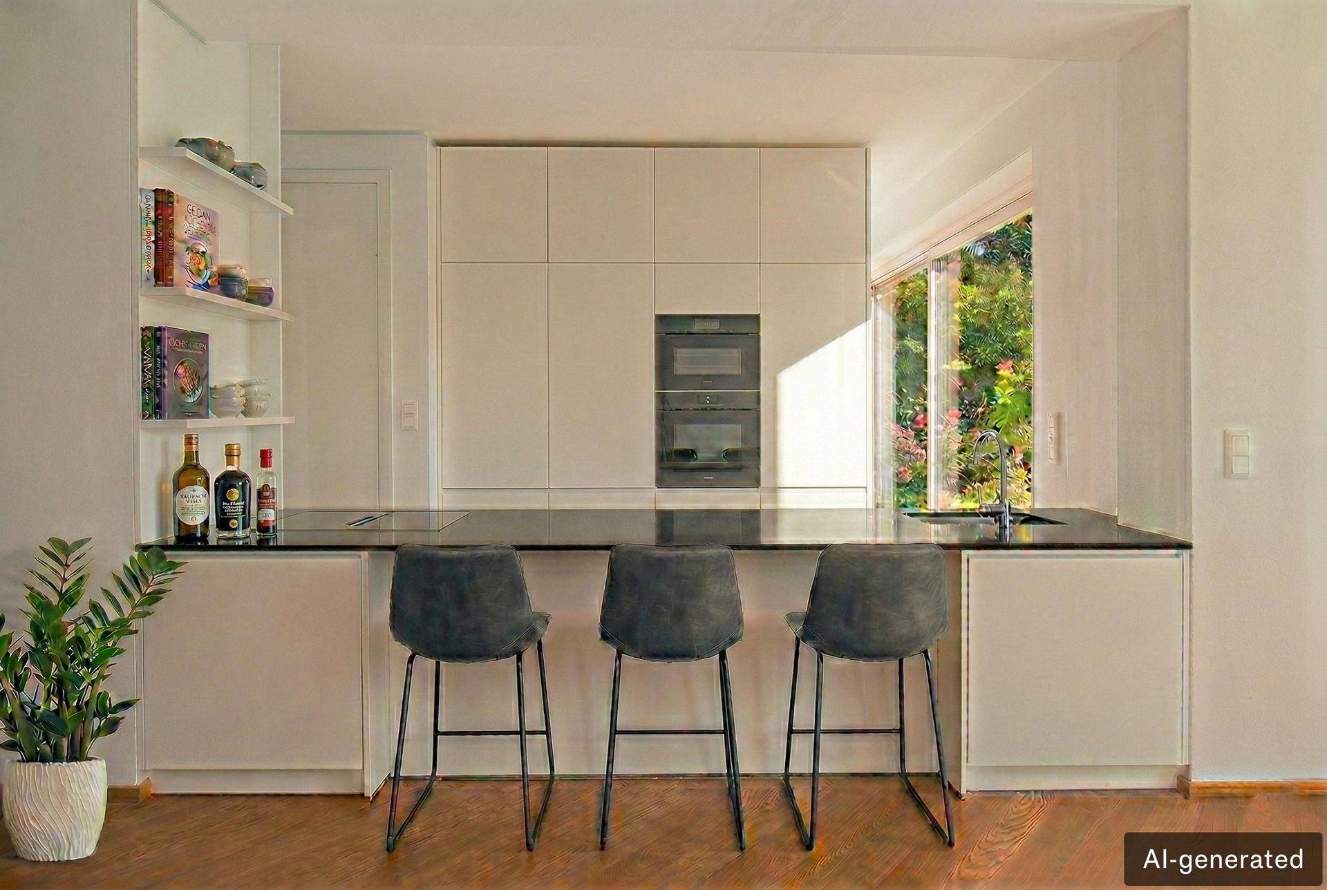 Moderne Küche mit weißer Einbauküche, schwarzer Arbeitsplatte und integrierten Geräten sowie einer Frühstücksbar.