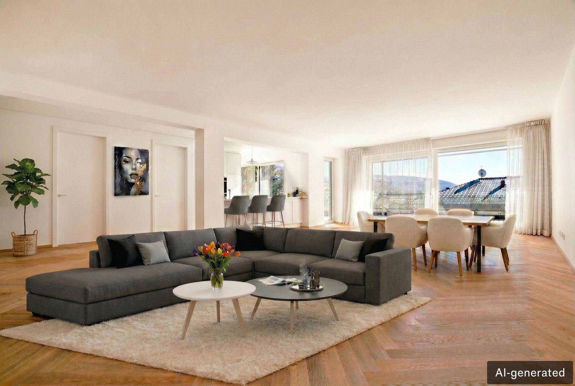 Geräumiger, offener Wohn- und Essbereich mit modernem Sofa, Holzboden und großen Fenstern.