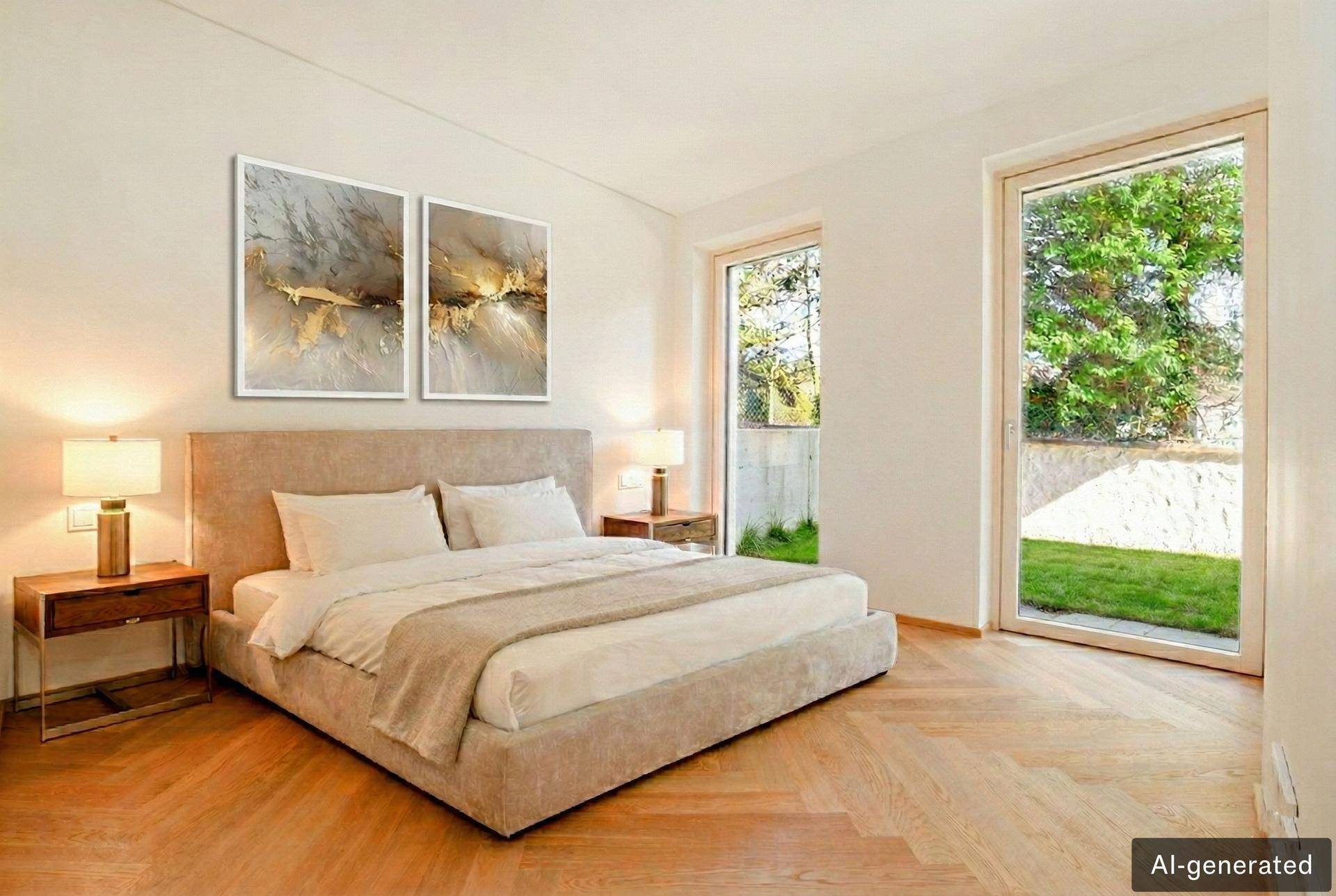 Helles Schlafzimmer mit großem Bett, Fischgrätparkett und bodentiefen Fenstern mit Zugang zum Garten.