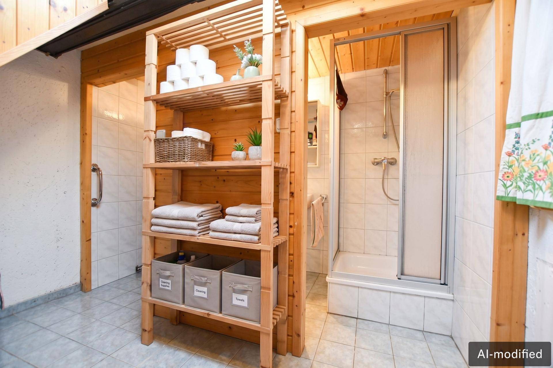 Einfaches Badezimmer mit Duschkabine, weißen Fliesen und einem Holzregal für Handtücher.