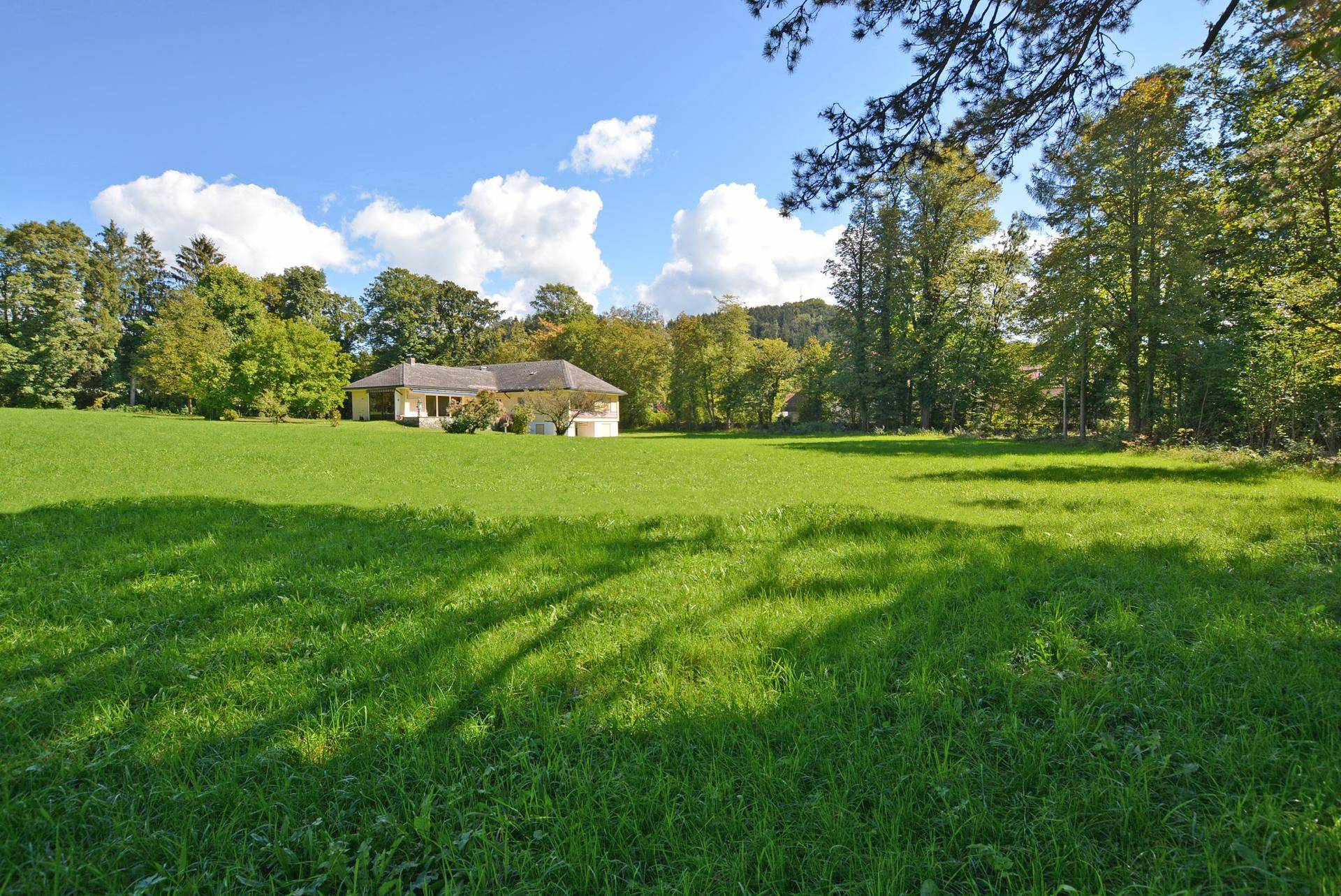 Weitläufige Grünfläche mit einem Haus im Hintergrund unter blauem Himmel.