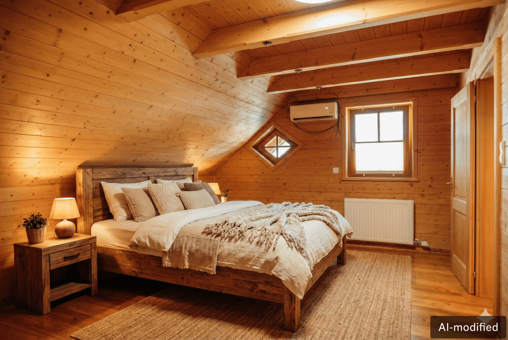 Rustikales Schlafzimmer mit Holzbalken, gemütlichem Doppelbett und Dachschräge für eine warme Atmosphäre.