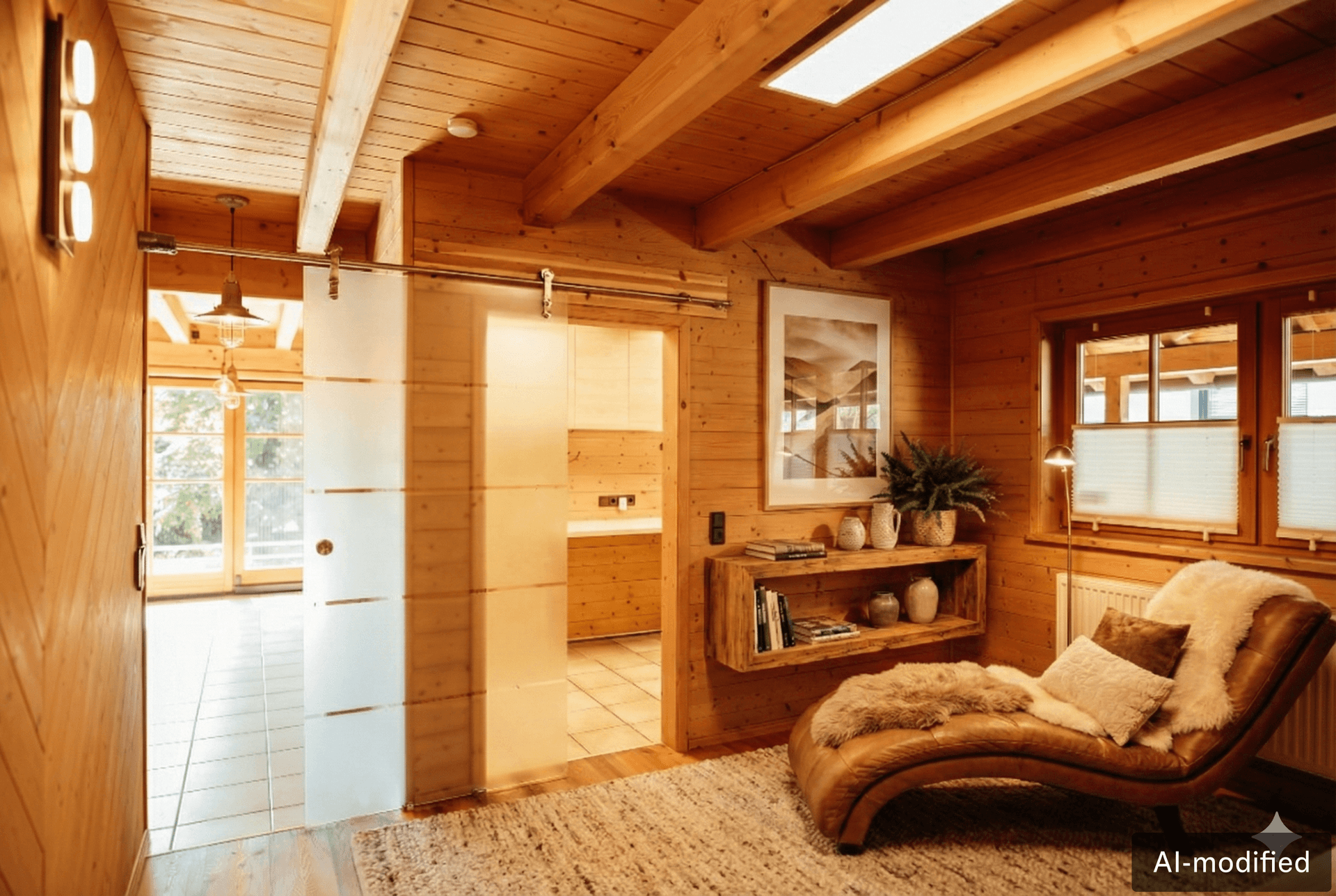 Gemütlicher Wohnbereich mit Holzvertäfelung, bequemer Chaiselongue und einer modernen Glasschiebetür.