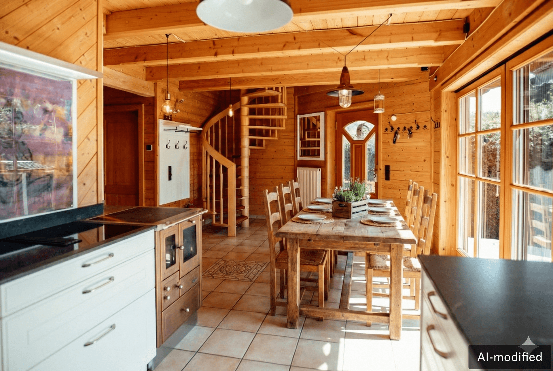 Offener Essbereich mit Holztisch, traditioneller Küche und einer eleganten Holz-Wendeltreppe.