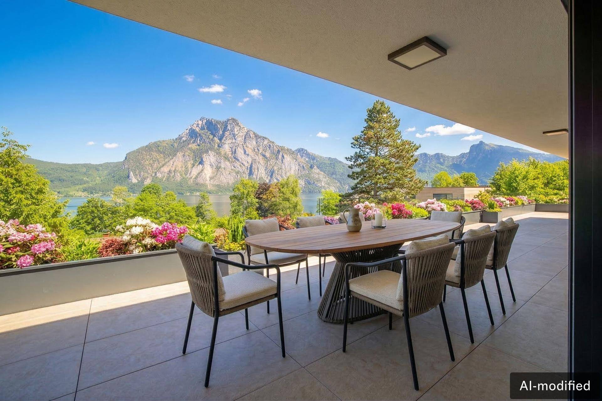 Überdachte Terrasse mit elegantem Esstisch und Stühlen, umgeben von Blumen und Bergblick.