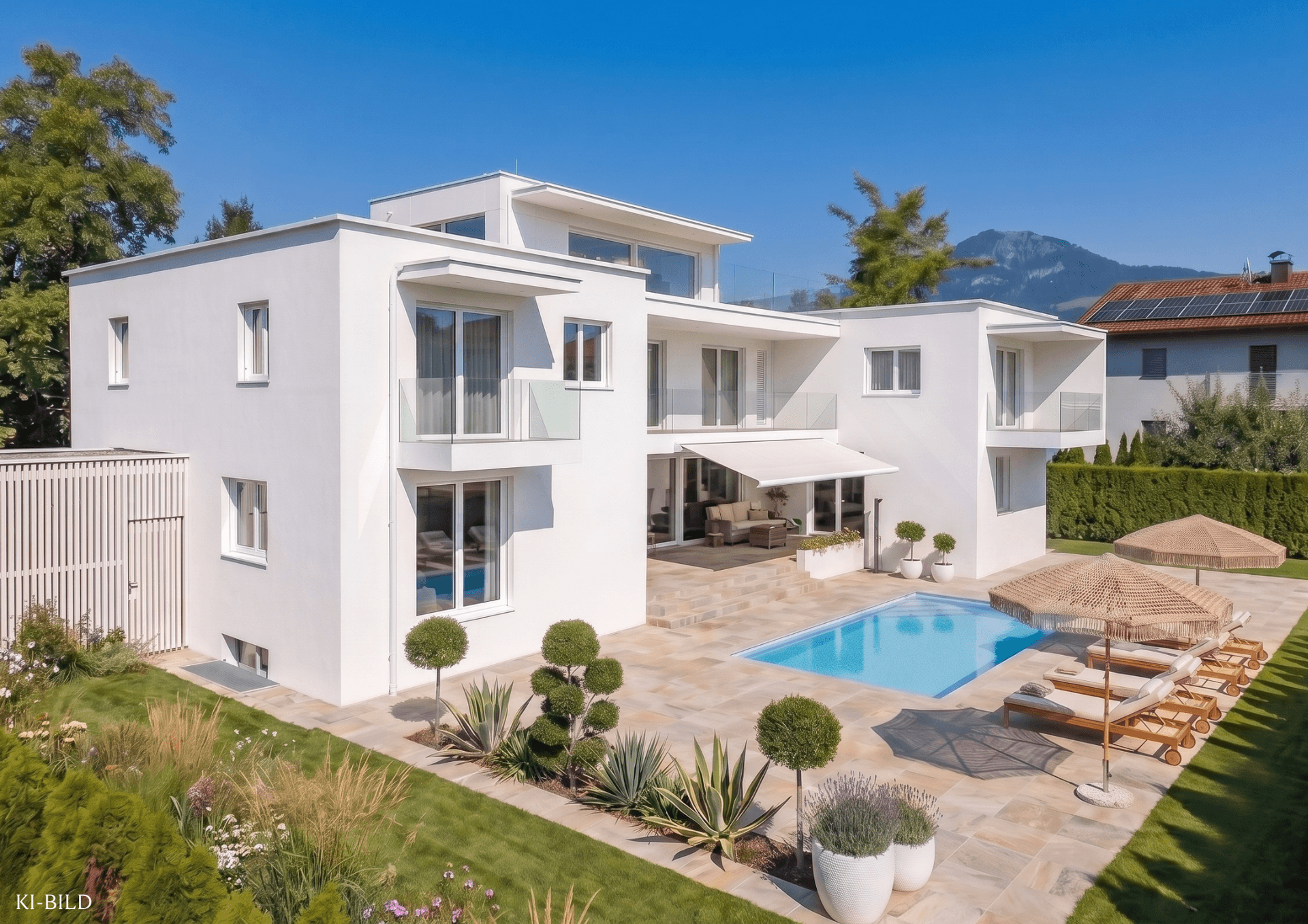 Elegante weiße Villa mit Pool, Sonnenterrasse und gepflegtem Garten unter blauem Himmel.
