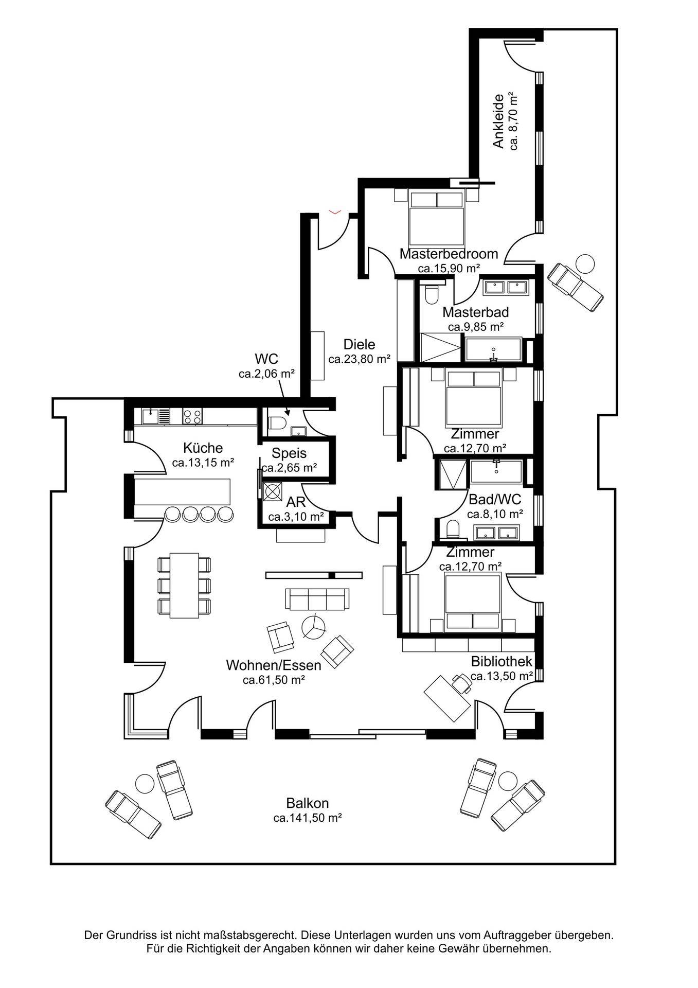Detaillierter Grundriss einer Wohnung mit drei Schlafzimmern, offener Küche und großem Balkon.