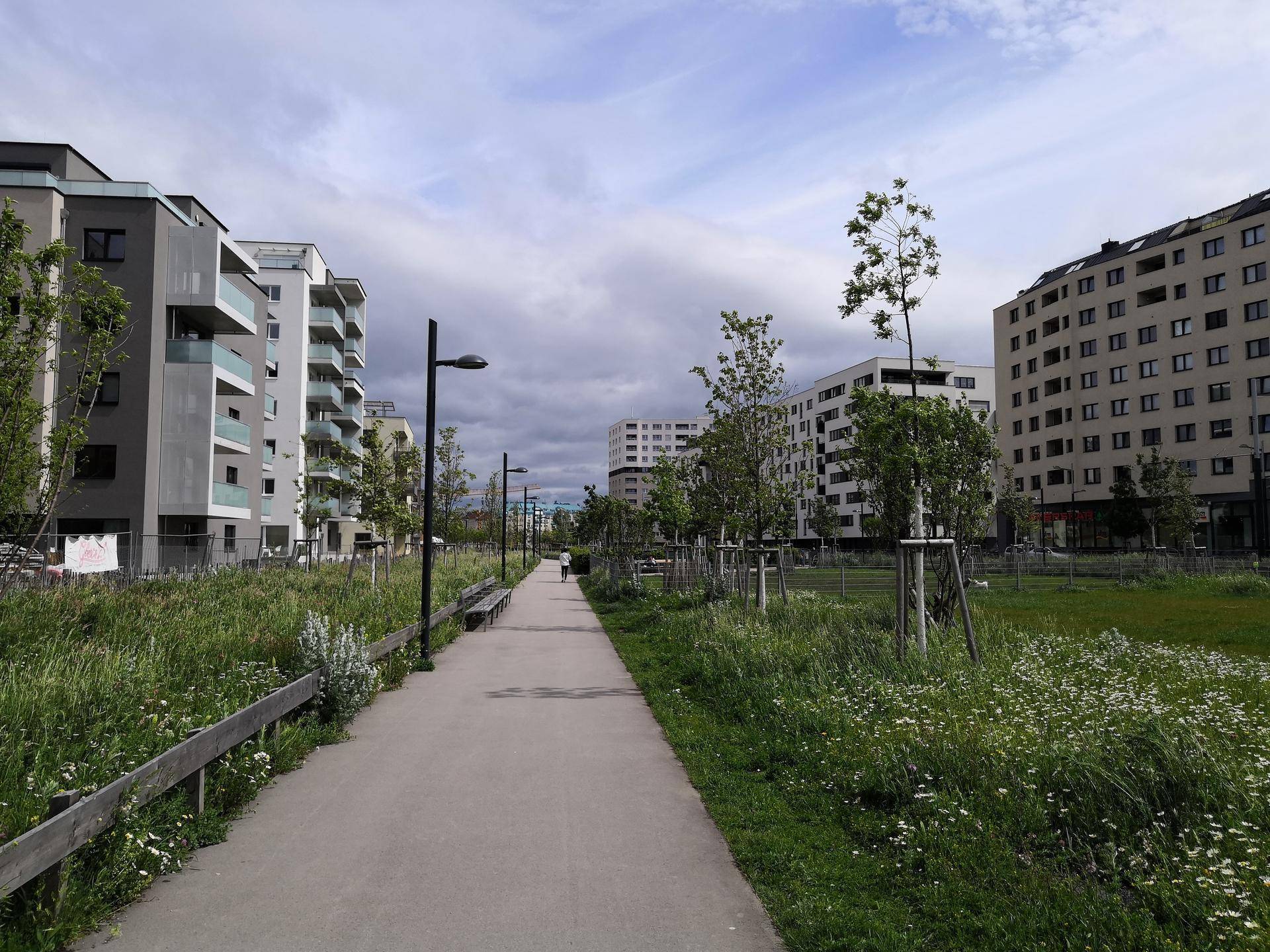 Weitläufige Grünanlage mit Spazierwegen und modernen Wohngebäuden in der Umgebung.