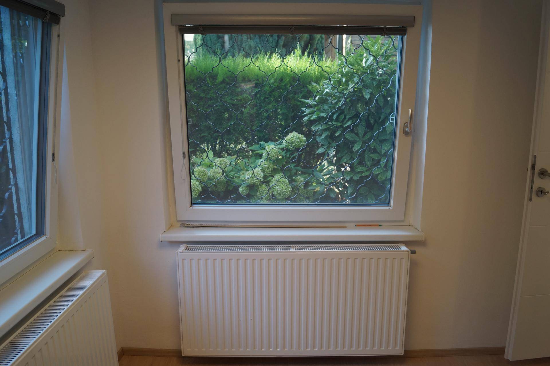 Fenster mit Blick ins Grüne und einem weißen Heizkörper darunter, sorgt für natürliches Licht.