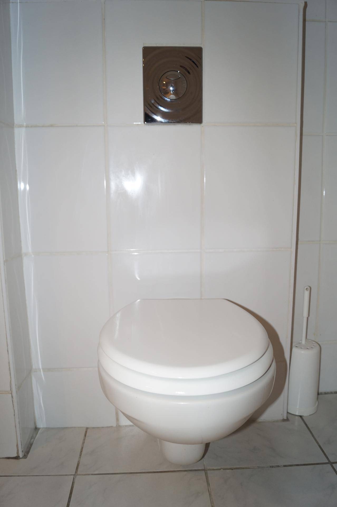 Wandhängendes WC mit moderner Spülplatte in einem hell gefliesten Badezimmer.