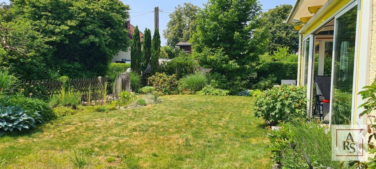 Gepflegter Garten mit großer Rasenfläche, üppiger Bepflanzung und sonnigem Ambiente.
