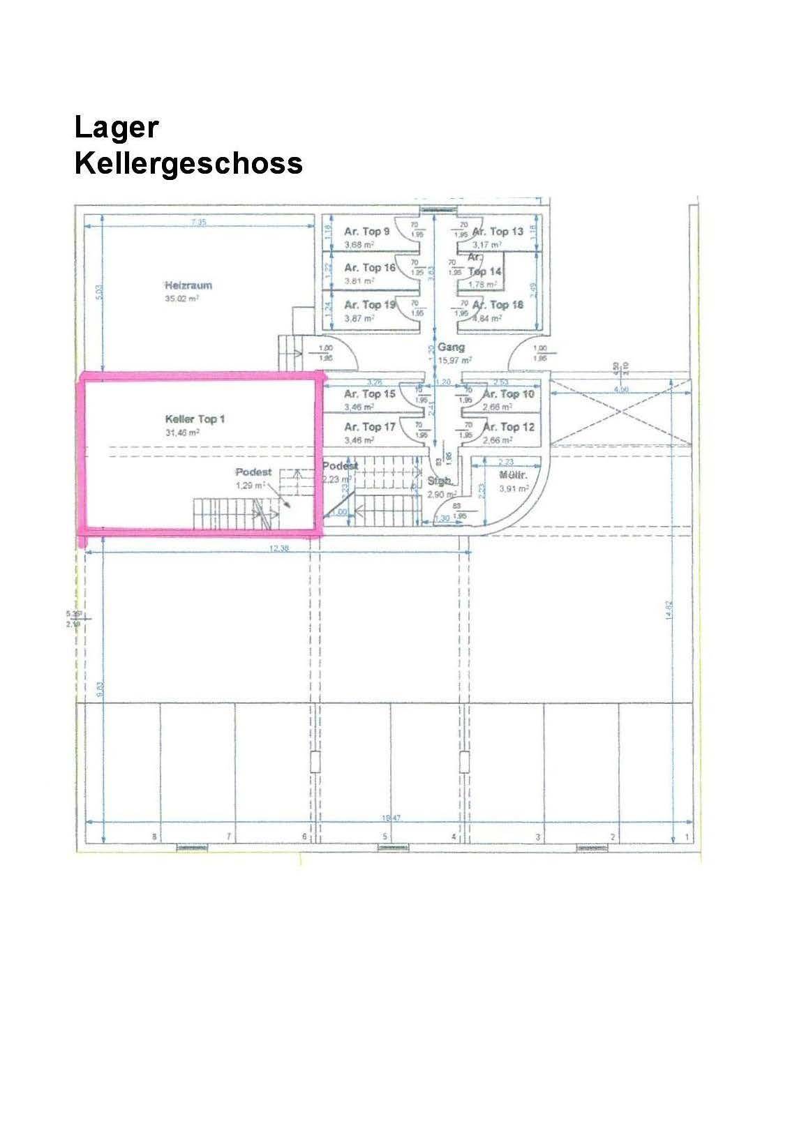 Grundriss des Kellergeschosses mit Lagerflächen und Heizraum für mehrere Einheiten.