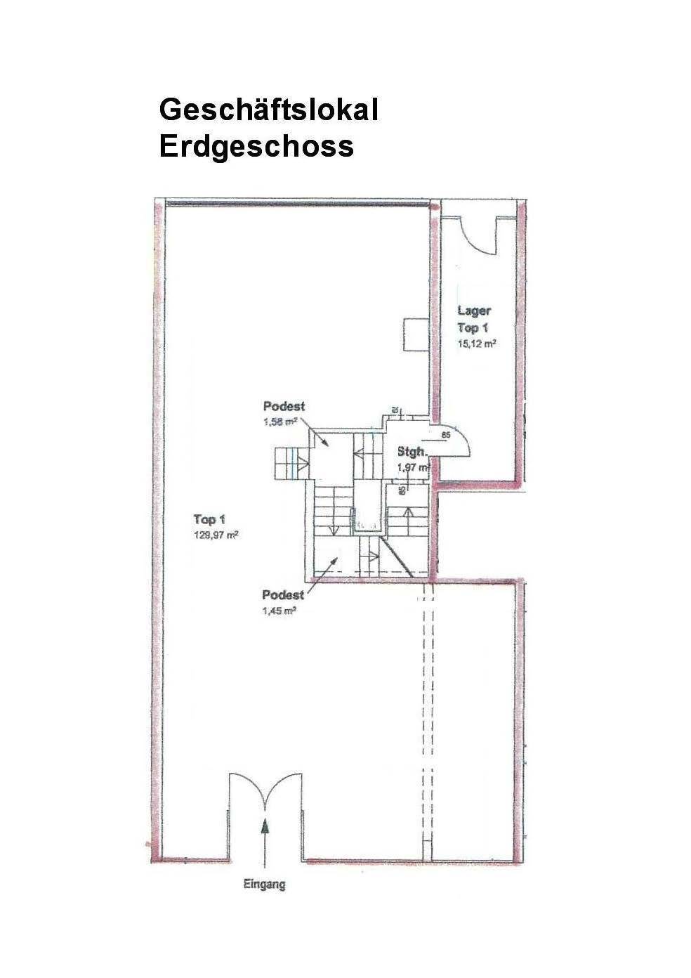 Grundriss des Geschäftslokals im Erdgeschoss mit Eingangsbereich, Verkaufsfläche und Lagerraum.