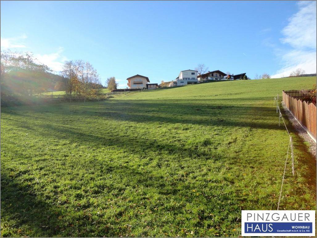 Sonnige grüne Wiese mit Blick auf umliegende Häuser und die weite Landschaft unter klarem Himmel.