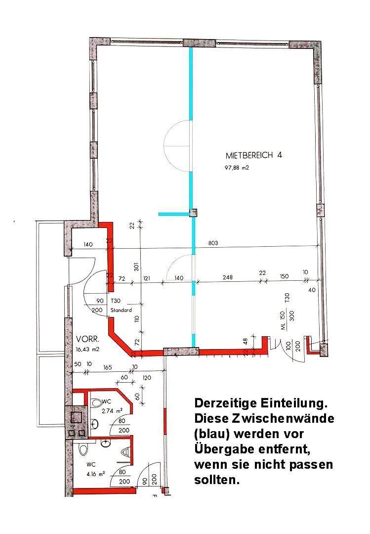 Grundrissplan eines Mietbereichs mit flexibler Raumaufteilung, der Option zur Entfernung von Zwischenwänden und Lastenaufzug.