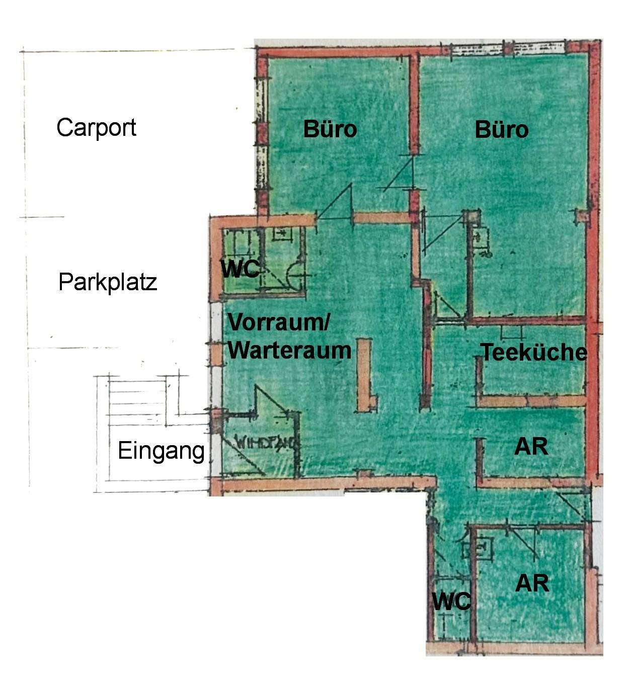 Grundrissplan zeigt die Aufteilung der Büroräume, Wartebereich, Teeküche und Parkmöglichkeiten.