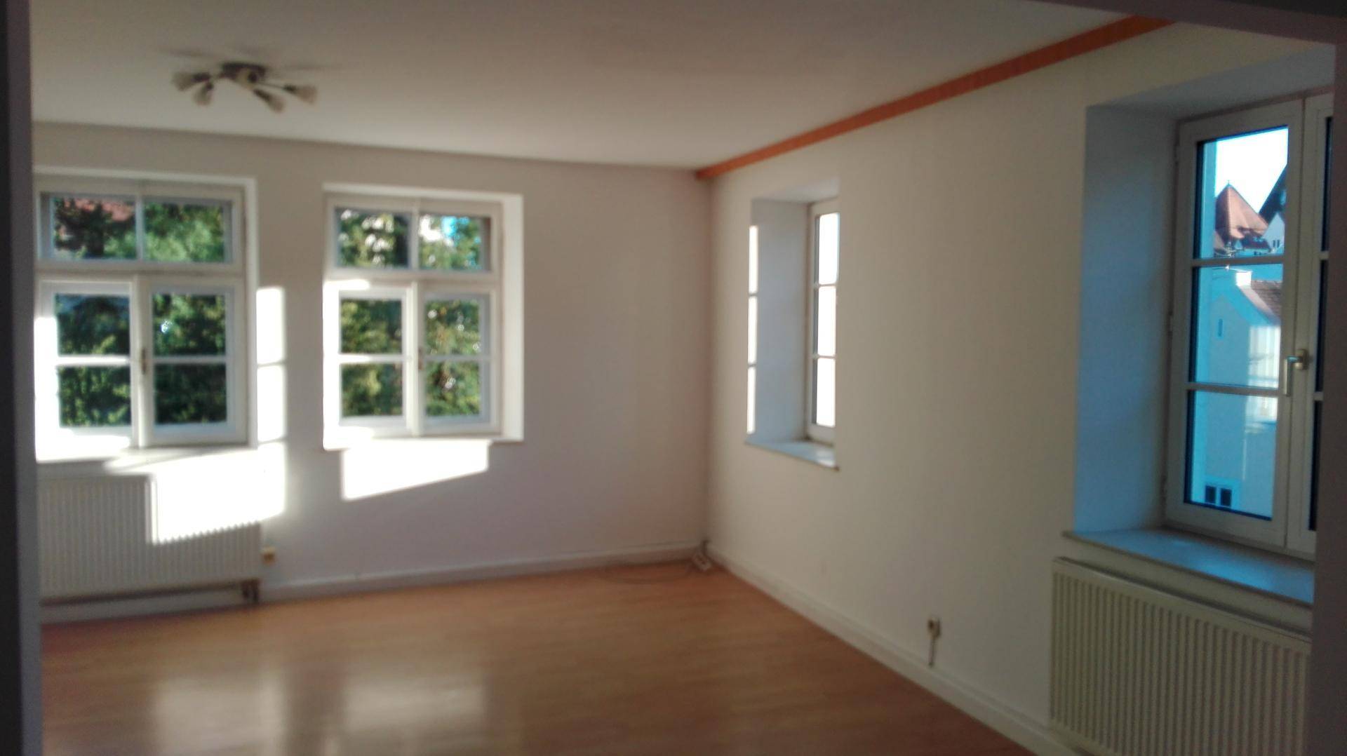 Großes, lichtdurchflutetes Zimmer mit Holzboden und mehreren Fenstern, die viel Sonne einfangen.