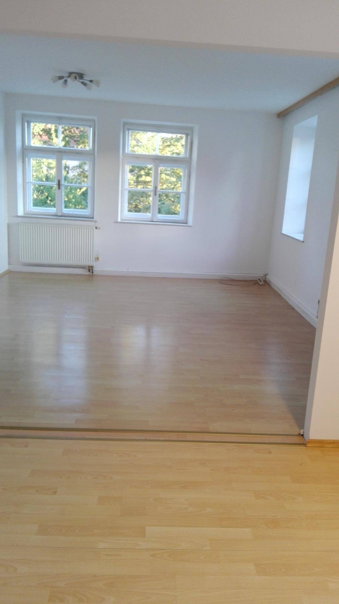 Helles, leeres Zimmer mit Holzfußboden und zwei Fenstern, die viel Tageslicht hereinlassen.