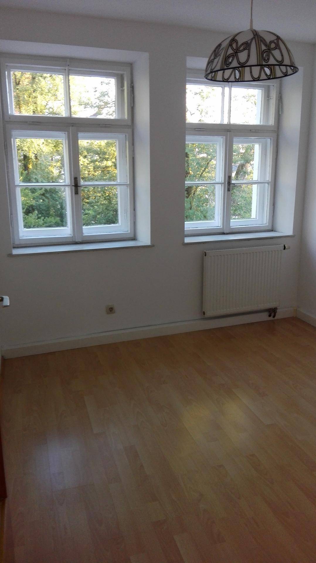 Geräumiges Zimmer mit Holzboden und großen Fenstern, die einen Blick ins Grüne bieten.