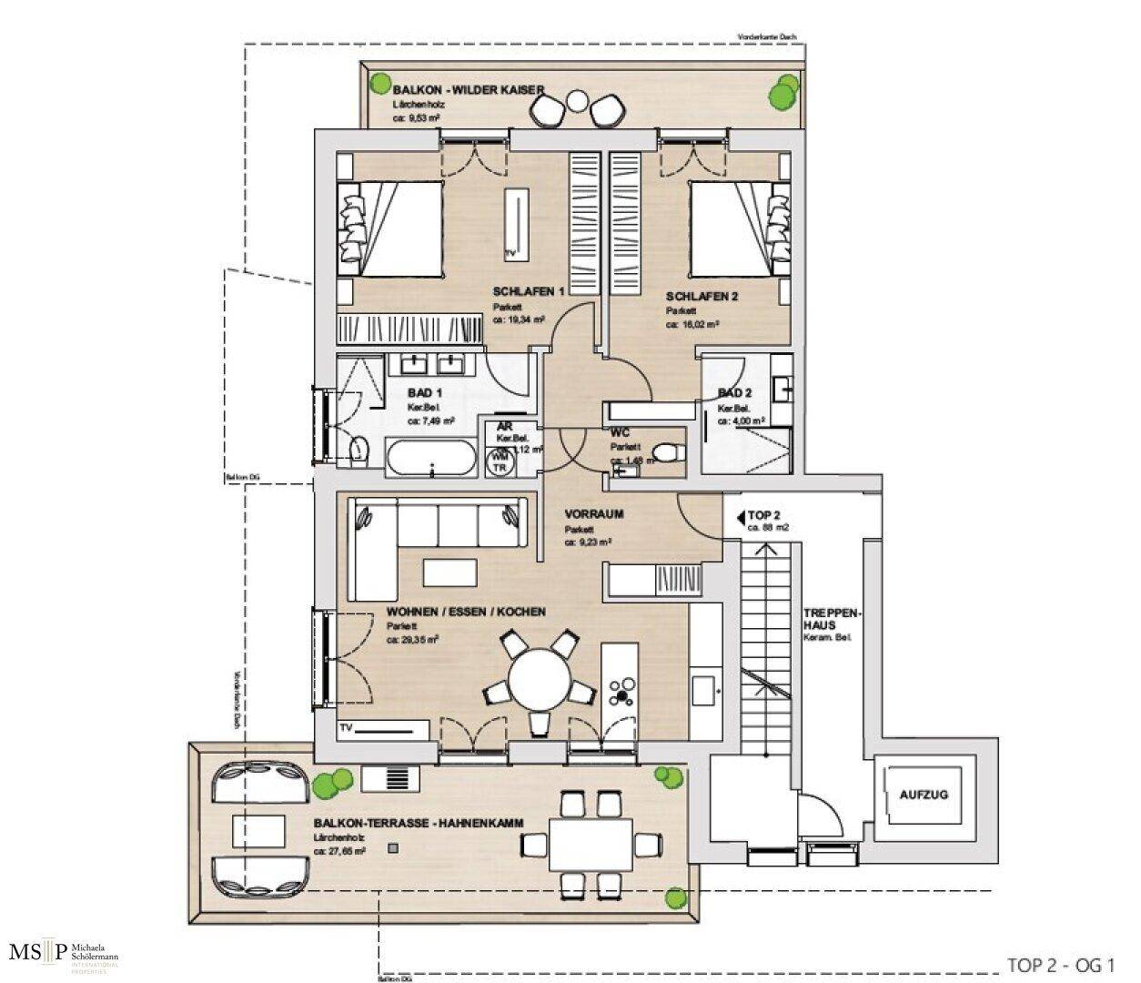 Grundriss der Wohnung TOP 2 im Obergeschoss mit offenem Wohnbereich, zwei Schlafzimmern und zwei Balkonen.