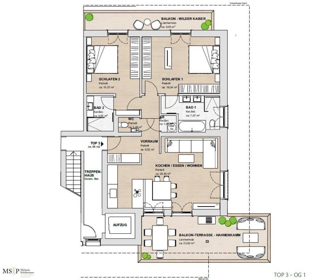 Grundriss der Wohnung TOP 3 im Obergeschoss mit offenem Wohn-Essbereich, zwei Schlafzimmern und zwei Balkonen.